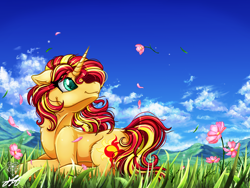 Size: 2400x1800 | Tagged: safe, artist:stainedglasslighthea, imported from derpibooru, sunset shimmer, pony, unicorn, beautiful, cloud, cute, female, flower, grass, hill, lying down, mare, meadow, petal, prone, shimmerbetes, sky, solo