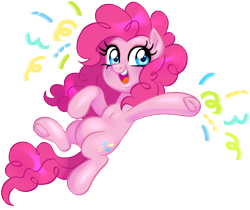 Size: 1064x894 | Tagged: safe, alternate version, artist:cryptidcake, imported from derpibooru, pinkie pie, earth pony, pony, belly, confetti, cute, diapinkes, female, happy, looking at you, mare, open mouth, simple background, smiling, solo, transparent background