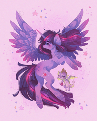 Size: 2400x3000 | Tagged: safe, artist:adishu, imported from derpibooru, spike, twilight sparkle, alicorn, dragon, pony, chest fluff, duo, ear fluff, eyes closed, feathered fetlocks, female, flying, high res, leg fluff, male, mare, pink background, profile, simple background, spread wings, stars, twilight sparkle (alicorn), winged spike, wings