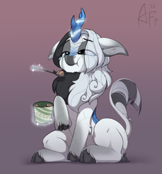 Size: 2841x3049 | Tagged: safe, artist:airfly-pony, imported from derpibooru, oc, oc only, oc:drop_of_light, kirin, pony, cloven hooves, colored, comfort eating, crying, eating, female, food, high res, ice cream, mare, multicolored hair, simple background, solo, striped tail, white coat