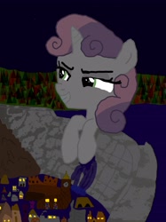 Size: 2981x3990 | Tagged: safe, artist:definitelynotme, imported from derpibooru, sweetie belle, pony, unicorn, badly drawn, dam, destruction, evil, evil grin, fanfic in the source, flood, flooding, glowing eyes, grin, high res, hooves, horn, lights, macro, mega sweetie belle, micro, night, out of character, out of context, smiling, solo, stars, swimming, two colour hair, two toned hair, unprofessional, water, why