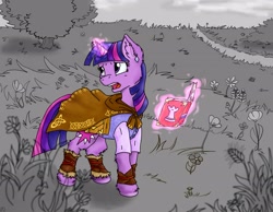 Size: 2560x1987 | Tagged: artist needed, safe, artist:coffipony, imported from derpibooru, twilight sparkle, pony, unicorn, bag, book, cloak, clothes, diamond, ear fluff, female, flower, glowing horn, grass, high res, horn, leg fluff, levitation, looking away, looking back, magic, mare, monochrome, open mouth, outdoors, partial color, road, saddle bag, scenery, solo, standing, telekinesis, tree, turned head, unicorn twilight, vest