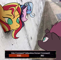 Size: 1500x1467 | Tagged: safe, artist:nire, imported from derpibooru, starlight glimmer, sunset shimmer, tempest shadow, trixie, pony, unicorn, broken horn, counterparts, dark souls, female, frown, horn, mare, meme, no catchlights, no pupils, ponified animal photo, reformed unicorn meeting, twilight's counterparts