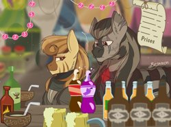 Size: 4096x3038 | Tagged: source needed, useless source url, safe, artist:besomb1tch, imported from derpibooru, oc, pony, zebra, fallout equestria, apple cider, caps, cover, drink, female, foe, male, market, sparkle cola, zebra oc