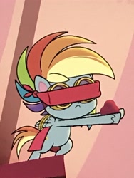 Size: 3024x4032 | Tagged: safe, imported from derpibooru, screencap, rainbow dash, pegasus, pony, my little pony: pony life, spoiler:pony life s02e20, bipedal, blindfold, cropped, danger dash, female, g4.5, little miss fortune, pony life, rope, solo