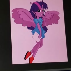 Size: 1080x1080 | Tagged: safe, alternate version, artist:vyckykenyon, imported from derpibooru, twilight sparkle, alicorn, human, alicorn humanization, clothes, colored, horn, horned humanization, humanized, open mouth, shoes, smiling, solo, spread wings, traditional art, twilight sparkle (alicorn), winged humanization, wings