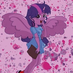 Size: 714x714 | Tagged: safe, alternate version, artist:vyckykenyon, imported from derpibooru, twilight sparkle, alicorn, human, abstract background, alicorn humanization, clothes, colored, horn, horned humanization, humanized, open mouth, shoes, smiling, solo, spread wings, twilight sparkle (alicorn), winged humanization, wings