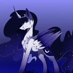 Size: 1080x1079 | Tagged: safe, artist:tessa_key_, imported from derpibooru, princess luna, alicorn, pony, alternate design, chest fluff, ethereal mane, female, gradient background, horn, mare, solo, starry mane, wings