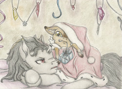 Size: 2865x2094 | Tagged: safe, artist:cindertale, imported from derpibooru, king sombra, oc, oc:cinder, deer, pony, unicorn, christmas, cloak, clothes, cute, deer oc, duo, hat, high res, holiday, looking back, lying down, male, mouth hold, present, prone, santa hat, stallion, traditional art
