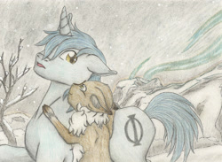 Size: 2861x2097 | Tagged: safe, artist:cindertale, imported from derpibooru, oc, oc only, oc:aeon of dreams, oc:cinder, deer, pony, unicorn, chest fluff, cloven hooves, deer oc, duo, high res, horn, outdoors, traditional art, tree, unicorn oc