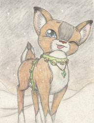 Size: 1718x2237 | Tagged: safe, artist:cindertale, imported from derpibooru, oc, oc only, oc:cinder, deer, :p, collar, deer oc, ear fluff, female, jewelry, necklace, one eye closed, outdoors, red nose, snow, solo, tongue out, traditional art, wink