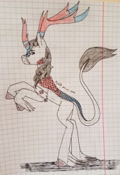 Size: 2557x3709 | Tagged: safe, artist:agdapl, imported from derpibooru, kirin, crossover, graph paper, high res, hoof fluff, horn, kirin-ified, leonine tail, male, medic, rearing, signature, smiling, solo, species swap, team fortress 2, traditional art