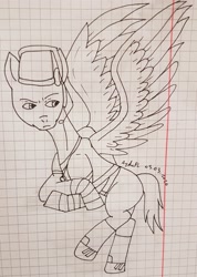 Size: 2473x3481 | Tagged: safe, artist:agdapl, imported from derpibooru, pegasus, pony, clothes, crossover, flying, graph paper, hat, headset, high res, lineart, looking up, ponified, scout, signature, solo, team fortress 2, traditional art, wings