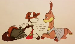 Size: 3303x1938 | Tagged: safe, artist:agdapl, imported from derpibooru, deer, pegasus, pony, antlers, clothes, crossover, deerified, dialogue, duo, hat, male, ponified, signature, sniper, solo, species swap, stallion, team fortress 2, traditional art, two toned wings, wings