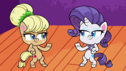 Size: 800x450 | Tagged: safe, imported from derpibooru, screencap, applejack, rarity, earth pony, unicorn, my little pony: pony life, spoiler:pony life s02e24, alternate hairstyle, animated, bipedal, clothes, cute, eyes closed, freckles, g4.5, gif, looking at each other, mad props, pony life, scarf, smiling
