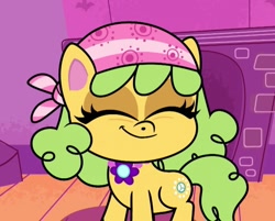 Size: 979x789 | Tagged: safe, imported from derpibooru, screencap, earth pony, pony, my little pony: pony life, spoiler:pony life s02e23, chamomilia, cropped, eyes closed, female, g4.5, pony life, smiling, solo, the de-stress ball