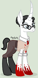 Size: 596x1200 | Tagged: safe, alternate version, artist:agdapl, imported from derpibooru, pony, unicorn, base used, blood, clothes, eyelashes, female, glasses, gray background, grin, horn, mare, medic, necktie, rule 63, signature, simple background, smiling, solo, team fortress 2
