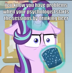 Size: 565x576 | Tagged: safe, edit, edited screencap, imported from derpibooru, screencap, starlight glimmer, pony, unicorn, marks for effort, :i, alcohol, beer, caption, chocolate, cropped, drink, drinking, empathy cocoa, female, floppy ears, food, glow, glowing, glowing cup, glowing horn, horn, hot chocolate, i mean i see, image macro, implied alcohol, lifting, mare, shrunken pupils, solo, starlight glimmer is not amused, starlight is not amused, starlight's office, text, unamused
