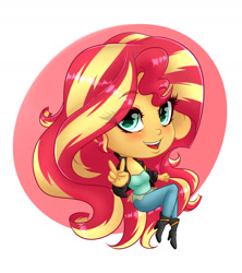 Size: 1600x1800 | Tagged: safe, artist:albertbm, imported from derpibooru, sunset shimmer, equestria girls, abstract background, blushing, breasts, busty sunset shimmer, chibi, cleavage, cute, open mouth, peace sign, shimmerbetes, simple background, white background