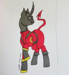 Size: 2796x3051 | Tagged: safe, artist:agdapl, imported from derpibooru, pony, unicorn, boots, clothes, crossover, gas mask, high res, horn, looking back, male, mask, ponified, pyro, raised hoof, shoes, signature, solo, stallion, team fortress 2, traditional art