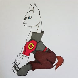Size: 2388x2388 | Tagged: safe, artist:agdapl, imported from derpibooru, earth pony, pony, clothes, crossover, heavy weapons guy, high res, horn, male, ponified, signature, sitting, solo, stallion, team fortress 2, traditional art