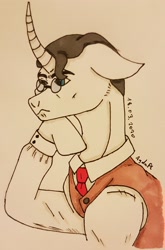 Size: 1817x2748 | Tagged: safe, artist:agdapl, imported from derpibooru, pony, unicorn, bust, clothes, crossover, glasses, horn, male, medic, necktie, ponified, raised hoof, signature, solo, stallion, team fortress 2, thinking, traditional art