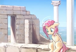 Size: 2026x1379 | Tagged: safe, alternate version, artist:mirroredsea, imported from derpibooru, fluttershy, pegasus, pony, blushing, building, column, female, floppy ears, folded wings, halo, implied death, mare, ruins, sevastopol, sitting, solo, wings