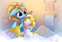 Size: 1308x894 | Tagged: safe, artist:anti1mozg, imported from derpibooru, oc, oc only, oc:beaky, oc:brave blossom, griffon, pegasus, pony, fanfic:yellow feathers, bath, bathing, bathroom, brushie, brushing, bubble, catbird, duo, female, foam, griffon oc, male, mother and child, mother and son, pegasus oc, scared, shower, towel, wings