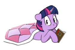 Size: 845x565 | Tagged: safe, artist:s.l.guinefort, color edit, edit, editor:vedont, imported from derpibooru, twilight sparkle, pony, unicorn, blanket, book, colored, female, looking at you, mare, simple background, sketch, solo, white background