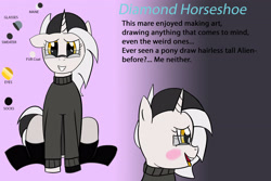 Size: 3600x2400 | Tagged: safe, artist:bestponies, imported from derpibooru, oc, oc only, oc:diamond horseshoe, unicorn, blushing, clothes, female, front view, glasses, happy, high res, looking at you, mare, reference sheet, simple background, smiling, socks, sweater, text