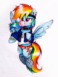 Size: 1903x2539 | Tagged: safe, artist:liaaqila, imported from derpibooru, rainbow dash, pegasus, pony, bandaid, belt, bracelet, bubblegum, chains, choker, clothes, ear piercing, earring, female, food, gum, headband, jacket, jewelry, mare, piercing, redraw, shirt, simple background, solo, spiked choker, t-shirt, traditional art, white background, wristband