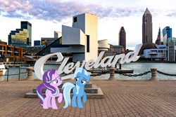 Size: 1920x1280 | Tagged: safe, artist:reginault, artist:tardifice, edit, editor:jaredking203, imported from derpibooru, vector edit, starlight glimmer, trixie, pony, unicorn, cleveland, duo, female, irl, mare, ohio, photo, ponies in real life, story included, vector