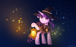 Size: 1920x1197 | Tagged: safe, artist:emeraldgalaxy, imported from derpibooru, twilight sparkle, pony, bowtie, cloak, clothes, colored pupils, cutie mark, cutie mark on clothes, female, floppy ears, hat, high res, hoof hold, lantern, mare, solo, witch hat