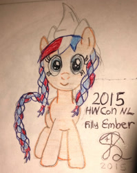 Size: 1976x2477 | Tagged: safe, artist:karmakstylez, imported from derpibooru, oc, oc:ember, oc:ember (hwcon), female, filly, hearth's warming con, mascot, solo, traditional art, younger