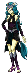 Size: 1104x3000 | Tagged: safe, artist:artemis-polara, imported from derpibooru, juniper montage, equestria girls, alternate hairstyle, breasts, cleavage, crown, feet, glasses, helmet, horned helmet, jewelry, nail polish, ponied up, pony ears, ponytail, regalia, simple background, solo, super ponied up, transparent background