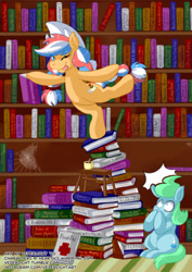 Size: 1024x1448 | Tagged: safe, artist:genolover, imported from derpibooru, oc, oc:ember (hwcon), oc:glace (hwcon), book, bookshelf, hearth's warming con, library, mascot, solo, spider web, this will end in pain, tongue out