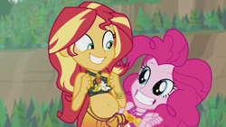 Size: 1920x1080 | Tagged: safe, artist:wanderingeditor, edit, edited screencap, imported from derpibooru, screencap, pinkie pie, sunset shimmer, human, equestria girls, equestria girls series, unsolved selfie mysteries, beach, belly, belly button, bikini, breast edit, breasts, clothes, duo, duo female, female, grin, pregnant, pregnant edit, pregnant equestria girls, sarong, smiling, sunset preggers, swimsuit