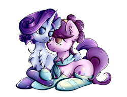 Size: 3947x3013 | Tagged: safe, artist:coco-drillo, imported from derpibooru, rarity, suri polomare, earth pony, pony, unicorn, alternate hairstyle, bedroom eyes, chest fluff, clothes, couple, cuddling, ear fluff, female, high res, holding hooves, leaning, lesbian, looking at each other, lying down, scarf, shipping, simple background, smiling, socks, stockings, striped socks, surity, thigh highs, transparent background