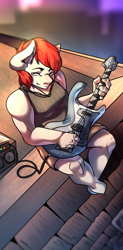 Size: 1080x2200 | Tagged: safe, artist:misfit, imported from derpibooru, oc, oc:bolt, anthro, amplifier, bass guitar, chubby, fishnets, guitar, looking at you, musical instrument, phone wallpaper, rooftop, sitting, solo