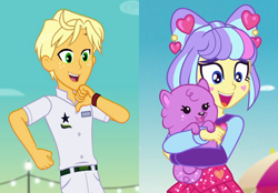 Size: 1506x1050 | Tagged: safe, edit, edited screencap, imported from derpibooru, screencap, princess thunder guts, ragamuffin (equestria girls), supernova zap, dog, equestria girls, equestria girls series, lost and pound, spring breakdown, spoiler:choose your own ending (season 2), spoiler:eqg series (season 2), clothes, comparison, crack shipping, cropped, cute, female, freckles, happy, heart, hug, lost and pound: spike, male, puppy, ragamuffin (g4), raganova, shipping, shipping domino, smiling, straight, su-z, su-z-betes