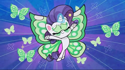 Size: 2048x1155 | Tagged: safe, imported from derpibooru, screencap, rarity, butterfly, pony, unicorn, communication shakedown, my little pony: pony life, spoiler:pony life s02e18, butterfly wings, eyes closed, g4.5, glowing horn, green wings, horn, magic, magic aura, pony life, showing off, wings