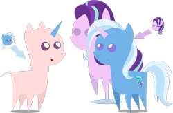 Size: 2580x1689 | Tagged: safe, artist:estories, edit, editor:slayerbvc, imported from derpibooru, vector edit, starlight glimmer, trixie, pony, unicorn, :o, bald, casual nudity, dilated pupils, dot eyes, female, furless, furless edit, implied narcissism, mare, nudity, open mouth, pointy ponies, ponyquin, ponysuit, simple background, starlight glimmer suit, transparent background, vector