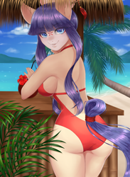 Size: 2200x3000 | Tagged: safe, artist:winnigrette, imported from derpibooru, oc, oc only, anthro, earth pony, ass, beach, big breasts, breasts, butt, clothes, cloud, coconut, commission, digital art, female, food, high res, hut, looking at you, looking back, looking back at you, ocean, one-piece swimsuit, open-back swimsuit, rear view, sand, sideboob, sky, solo, swimsuit, tail, thighs, wide hips, ych result
