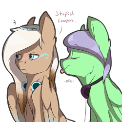 Size: 1487x1487 | Tagged: safe, artist:cookietasticx3, imported from derpibooru, oc, oc only, oc:winter star, pegasus, pony, :p, beanie, bust, duo, eyes closed, hat, headphones, pegasus oc, talking, tongue out, unamused, wings