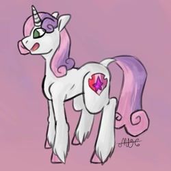 Size: 1064x1065 | Tagged: safe, artist:random_glitter_productions, imported from derpibooru, sweetie belle, pony, unicorn, cutie mark, female, filly, horn, open mouth, pink background, signature, simple background, smiling, solo, the cmc's cutie marks, unshorn fetlocks