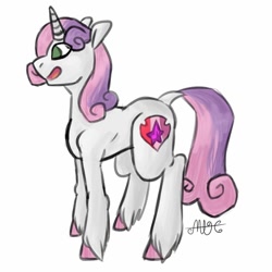 Size: 1054x1054 | Tagged: safe, alternate version, artist:random_glitter_productions, imported from derpibooru, sweetie belle, pony, unicorn, background removed, cutie mark, female, filly, horn, open mouth, signature, simple background, smiling, solo, the cmc's cutie marks, unshorn fetlocks, white background