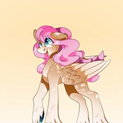 Size: 1080x1080 | Tagged: safe, artist:tessa_key_, imported from derpibooru, oc, oc only, pegasus, pony, female, gradient background, mare, open mouth, pegasus oc, smiling, solo, two toned wings, unshorn fetlocks, wings