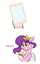 Size: 2048x3256 | Tagged: safe, artist:balychen, imported from derpibooru, pipp petals, zipp storm, pegasus, pony, cellphone, dialogue, exploitable, female, g5, grin, high res, hoof hold, looking down, mare, meme template, phone, smartphone, smiling, solo, teeth, text, wings