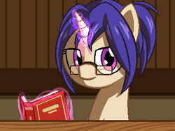 Size: 800x600 | Tagged: safe, artist:rangelost, imported from derpibooru, oc, oc only, oc:plume (rangelost), pony, unicorn, cyoa:d20 pony, book, bust, female, glasses, library, looking at you, magic, mare, pixel art, solo, telekinesis