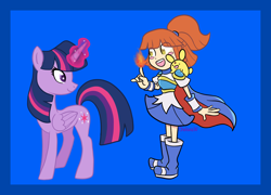 Size: 2600x1876 | Tagged: safe, artist:chelseawest, imported from derpibooru, twilight sparkle, alicorn, human, arle nadja, carbuncle (puyo puyo), colored background, crossover, fire, magic, magic aura, puyo puyo, twilight sparkle (alicorn)